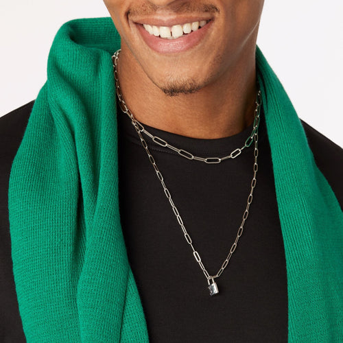 guy wearing green scarf and  silver titanium necklaces ||all