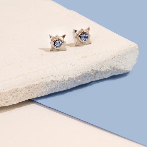 titanium silver stud earrings with blue gemstone for bride to wear on wedding day