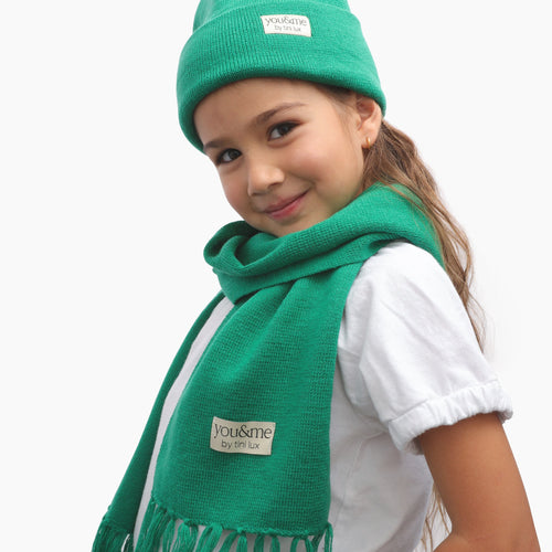 little girl wearing green wool scarf and green wool beanie ||all